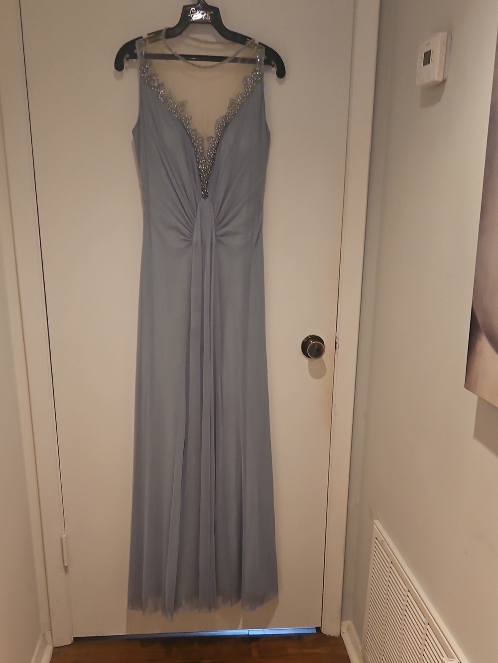 Elegant Beaded Illusion Neckline Evening Gown - Green Mint Color